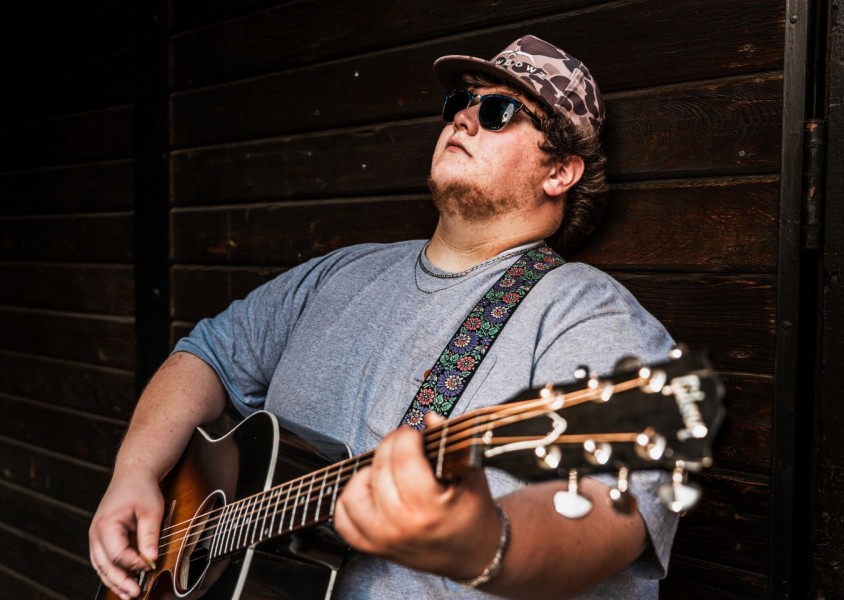 A man leaning against a wooden wall holding a guitar wearing a blue tshirt, camo hat, and black sunglassesx